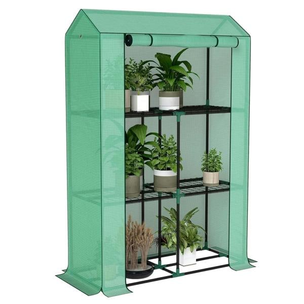Green three-shelf steel frame greenhouse with transparent cover and four potted plants