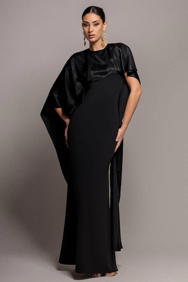 Goddiva Scoop Neck Velvet Satin Cape Sleeve Maxi Dress - Black DR5074