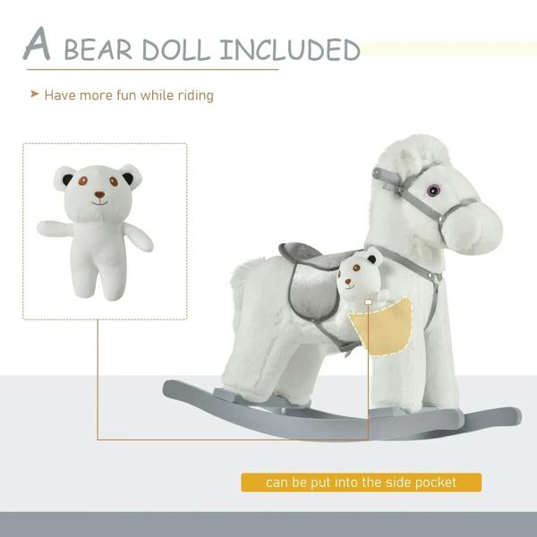 White plush rocking horse with gray saddle and removable bear doll in side pocket