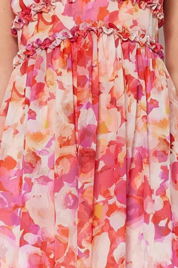 WOVCOR Floral Patterned A-Line Lined Maxi Woven Dress with Ruffle Detail