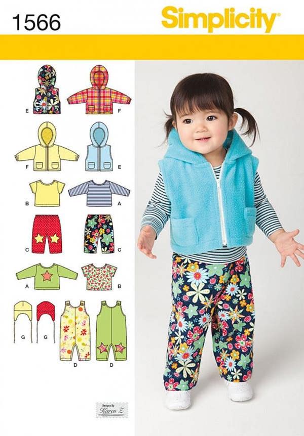 Simplicity Sewing Pattern 1566, Headwear, Trousers, Jumpsuits, Tops for Baby, XXS-XS-S-M-L - Easy