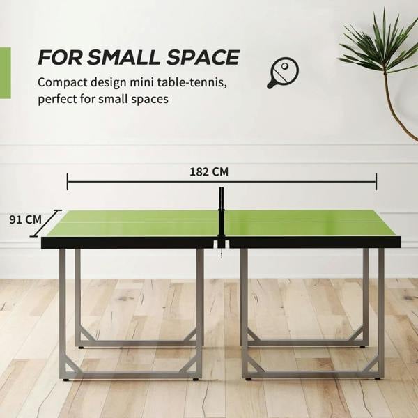 Compact green ping pong table with net, sized for small spaces with overall length shown.