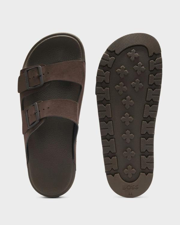 Pair of BOSS Orange Surfley Mens Twin-Strap Slides with Branded Buckles in Dark Brown 201 - Top and sole