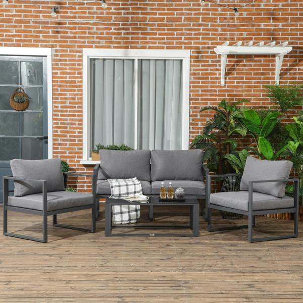 Wyld Haus Luro 4 Seater Grey Garden Sofa Set with 2 Armchairs 1 Sofa and 1 Coffee Table Aluminium Frame