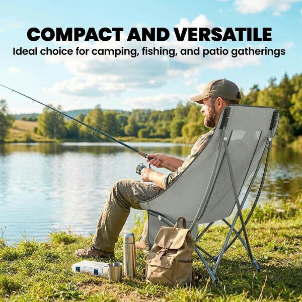Camping Chair for Adults Heavy Duty Folding Camp Chair with Side Pocket and Carry Bag Light Grey
