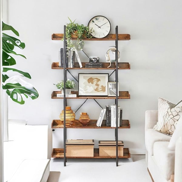 Rafaelo Mobilia Industrial 5 Tier Rustic Brown Bookcase