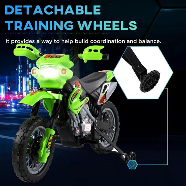 Green kids electric motorcycle scooter with detachable training wheels