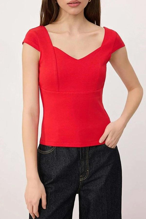 WOVCOR Heart Neckline Fitted Cotton Stretch Knit Blouse