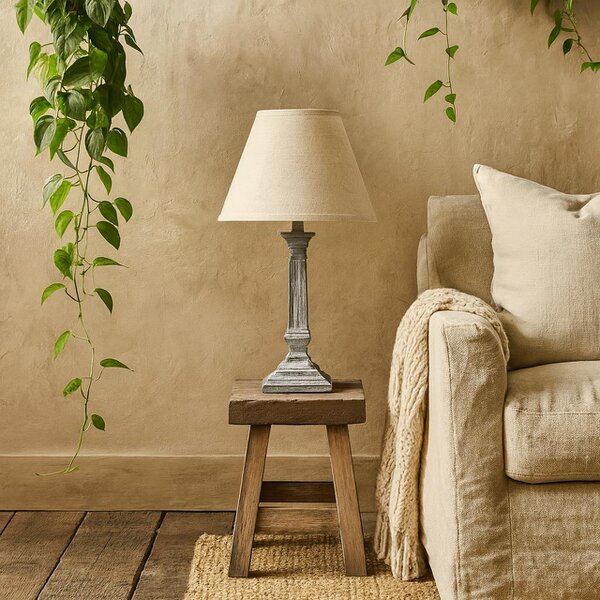 Wyld Haus Collioure White Washed Wooden Pedestal Table Lamp With Cream Linen Shade