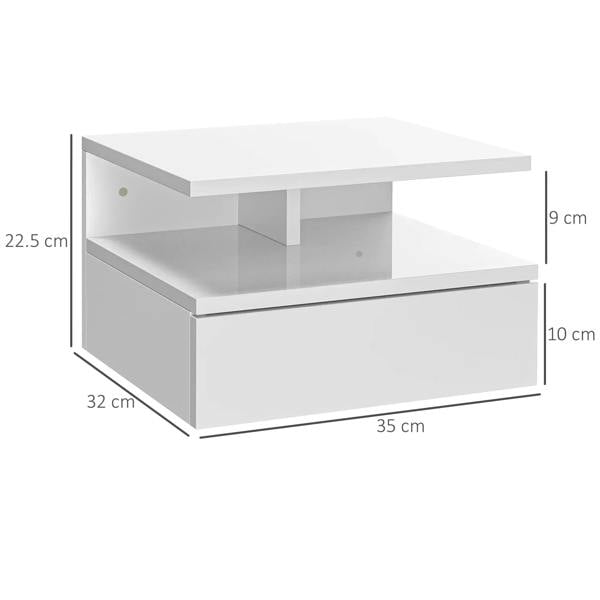 White floating bedside table with open shelf and drawer, side view dimensions