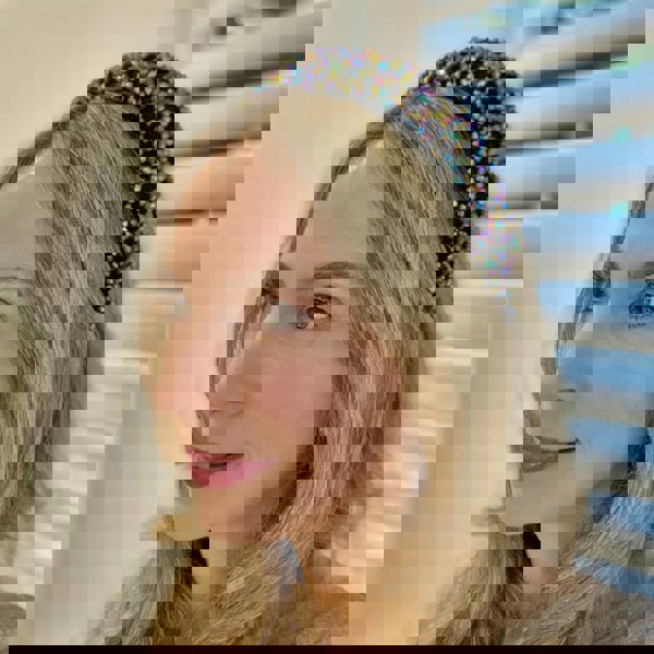 Black headband, wide band, embellished with rainbow crystals, multicolour rhinestones, sparkling beaded design, bold statement accessory, festive party headband, glamorous gift for her
