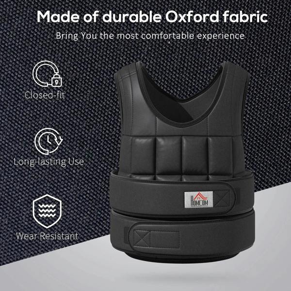 Black weight vest made with textured fabric, padded front cells and waist belt