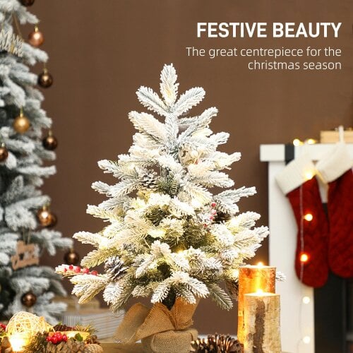 HOMCOM 60 cm Prelit Tabletop Mini Christmas Tree, Flocked Snow Xmas Tree