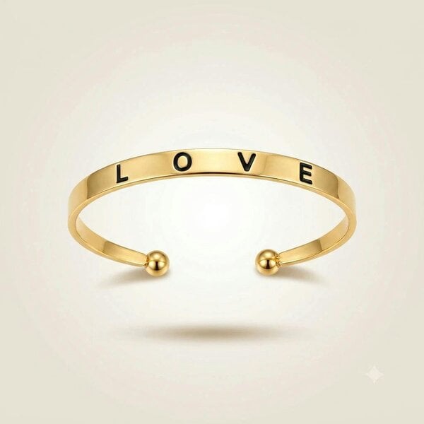 The Colourful Aura Gold Plated Oval Shape LOVE Engraved Open Cuff Bangle Bracelet