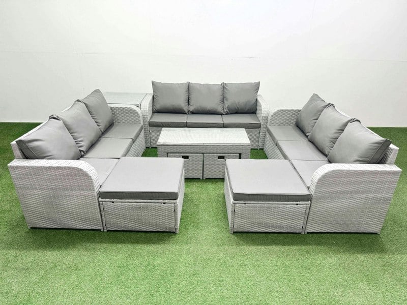 Fimous Outdoor Garden Furniture Set PE Rattan 3 Seater Sofa Set with Oblong Coffee Table 4 Footstools Side Table Light Grey