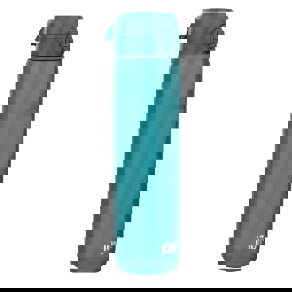 A teal water bottle stands upright against a white background. The bottle has measurement markings and the logo "ION8".