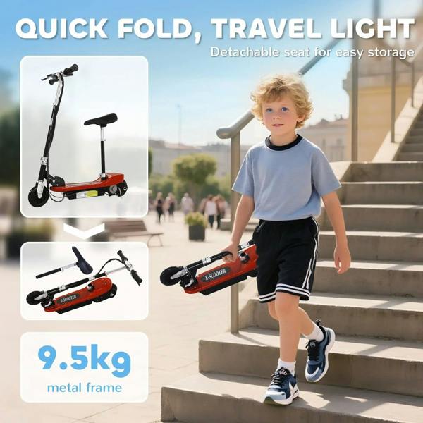 Red electric ride-on scooter with detachable black seat and foldable frame for storage.
