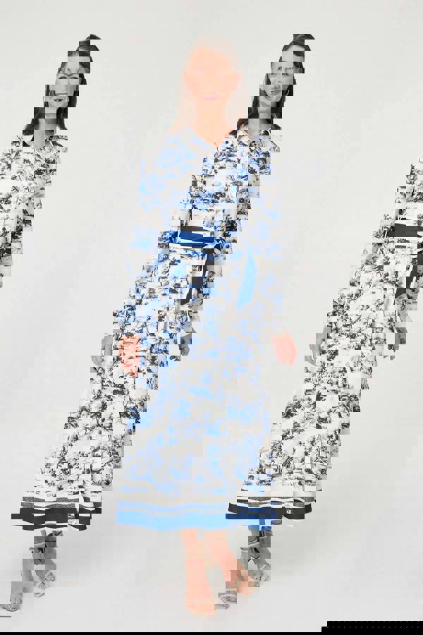 Blue | Border Print Tie Waist Maxi Shirt Dress