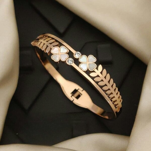 The Colourful Aura Rose Gold Clover Leaf Brass Kada with CZ Stones