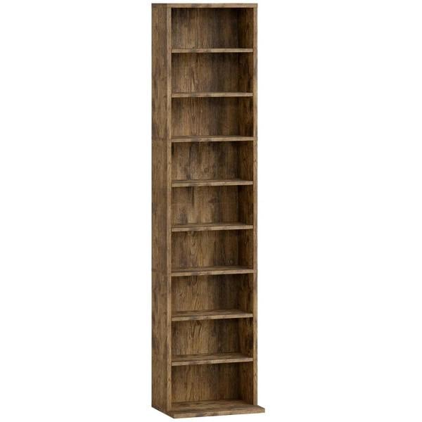 Narrow rustic brown CD storage unit with multiple open shelves and vertical frame.