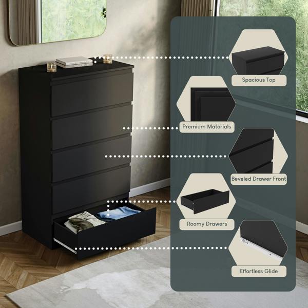 Vida Designs Denver 5 Drawer Chest, Black