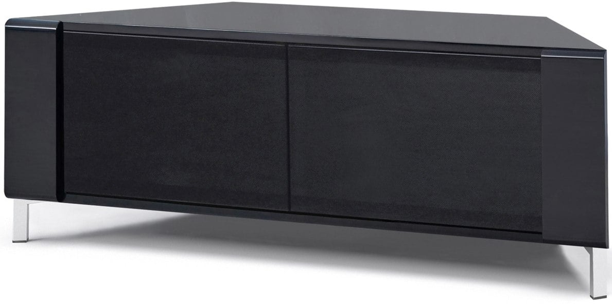 MDA Designs CORVUS Corner-Friendly Gloss Black Contemporary Cabinet with BeamThru Glass Doors Modern Space-Saving Stand for Flat Screen TVs up to 50"