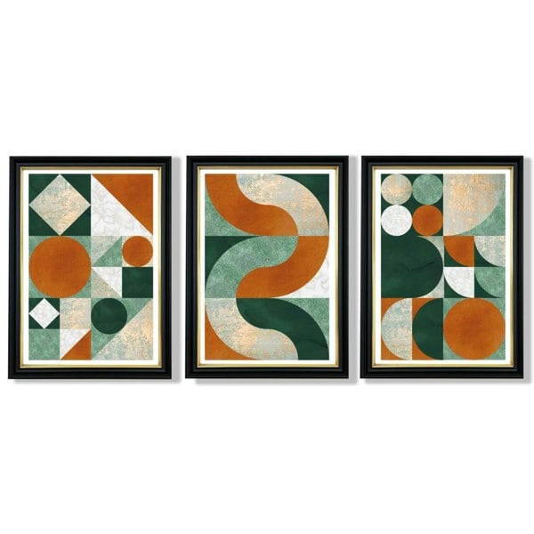 Set of 3 Orange and Green Geometric Shapes Framed Art Prints with Vermeer Black and Gold Frames
