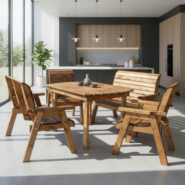 Samuel Alexander Handmade 6 Seater Rustic Wooden Indoor Dining Table, Bench & Chair Set