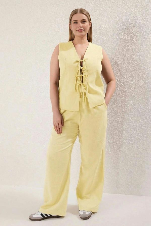 WOVCOR 2- Piece Wide Leg Linen Look Top and Bottom Set with Drawstring Front