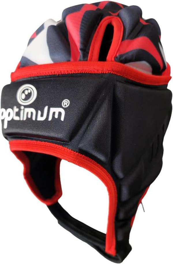 Black and red Optimum rugby headguard angled front view with white logo, red trim and red camo top, on white - Optimum