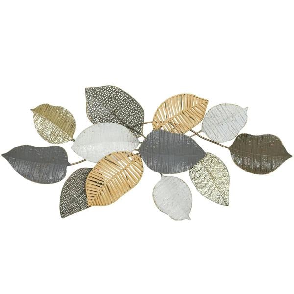 Tan metal leaf wall art cluster with modern textured leaf shapes