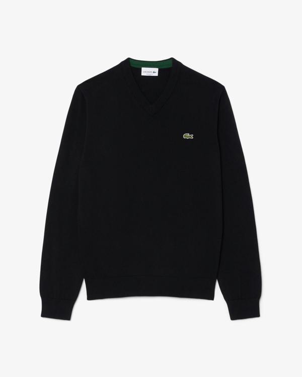 Lacoste Monochrome Jersey Mens V Neck Sweater - Black 031 | CHO | Designer Mens Sweatshirts