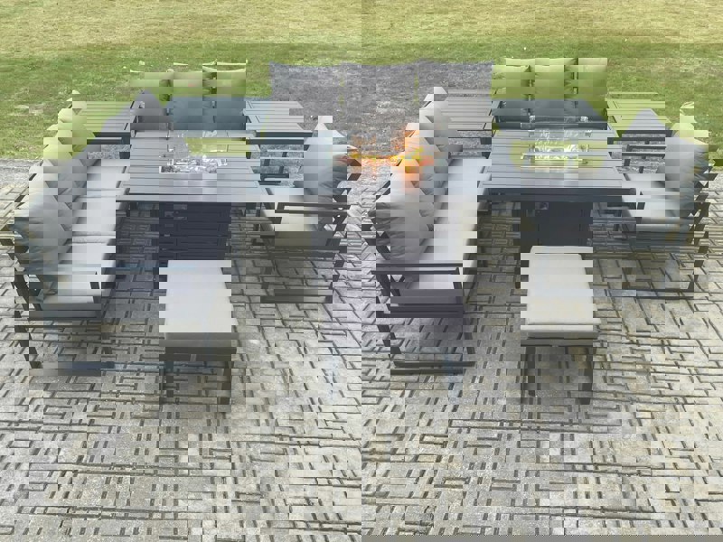 Fimous Aluminium 7 Pieces Garden Furniture Sofa Set with Cushions 8 Seater Gas Fire Pit Dining Table Set with 2 Side Tables Big Footstool Dark Grey