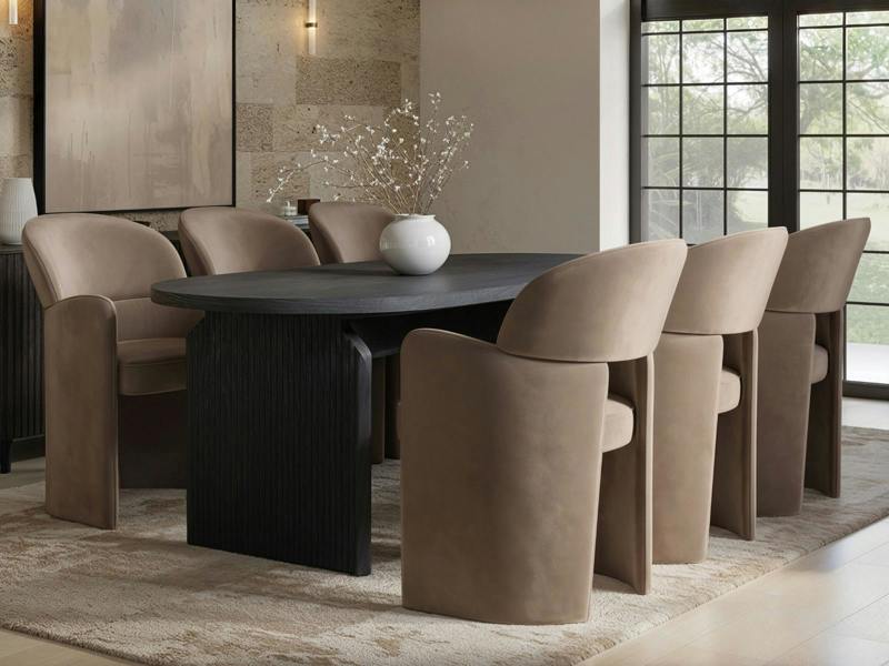 Varm & Estella Black Dining Table with Velvet Chairs-Table + 6 Chairs-Brown