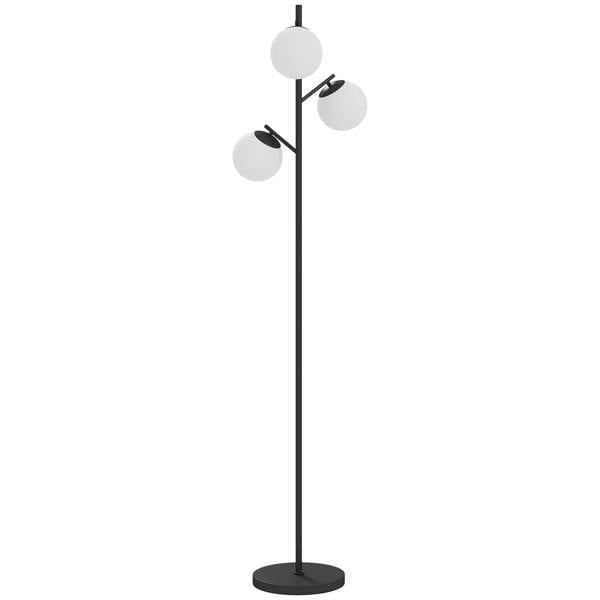 Black metal 3-light tree floor lamp with three white globe lampshades