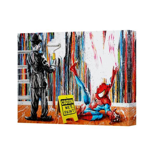 Benjamin Tate Design Canvas Wall Art Spider Man Graffiti Painting With Caution Wet Paint Sign