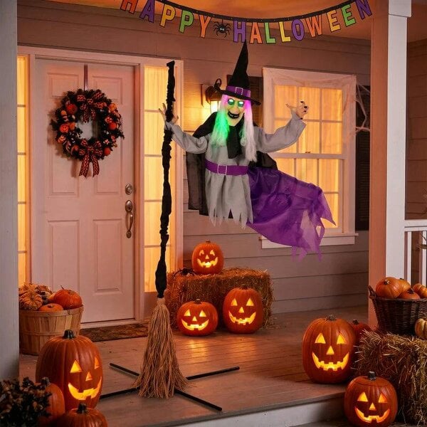 Bobobiy 200cm Life Size Animated Flying Witch Halloween Decorations Outdoor Indoor, Scary Halloween Animatronics Decor