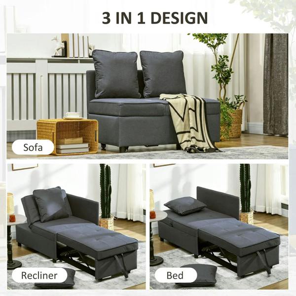 Grey convertible sofa bed shown as sofa, recliner, and bed