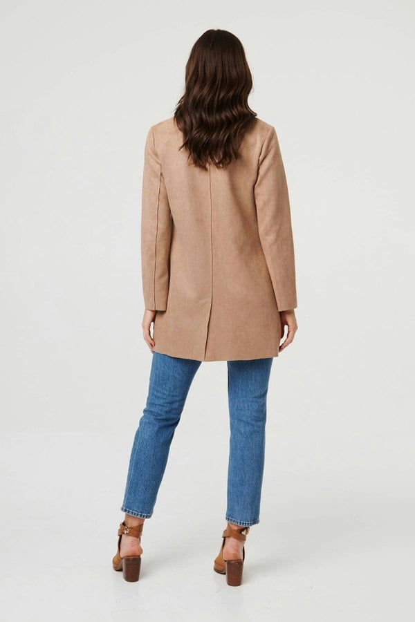 Brown | Faux Suede Collared Open Front Jacket
