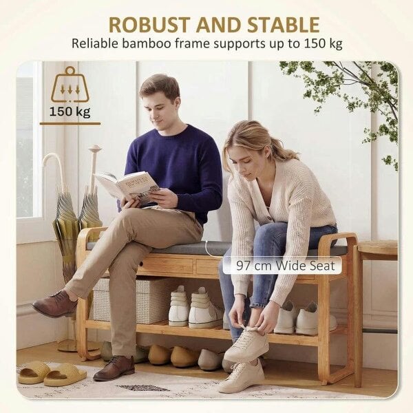 Shoe Bench with 2 Drawers Cushioned Seat Shoe Storage Bench for Hallway 105 cm Natural and Grey