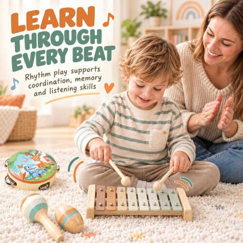 AIYAPLAY Kids Drum Kit, Wooden Baby Musical Instrument Set with Maracas