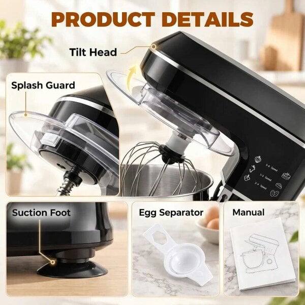 7 L 1400W 6-Speed Tilt-Head Food Mixer, Stand Mixer with Handle and Dough Hook, Black