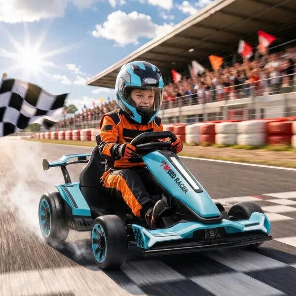 24V Electric Go Kart for Kids 6-12 Years with Drift Mode, Adjustable Seat, 3 Speed, Slow Start, Light Blue - Blue
