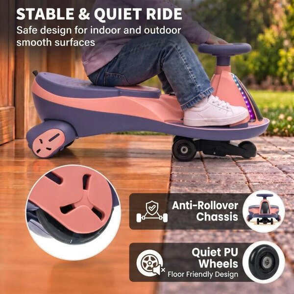 12V Electric Wiggle Car, 2-In-1 Kids Ride On Toy with 2 Speeds, Soft Start, PU Wheels, RGB Lights, Up to 60 kg, Pink