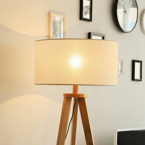 Wyld Haus Laravi Natural Wood And Fabric Cream Tripod Floor Lamp With Shelf And Linen Shade 154 cm