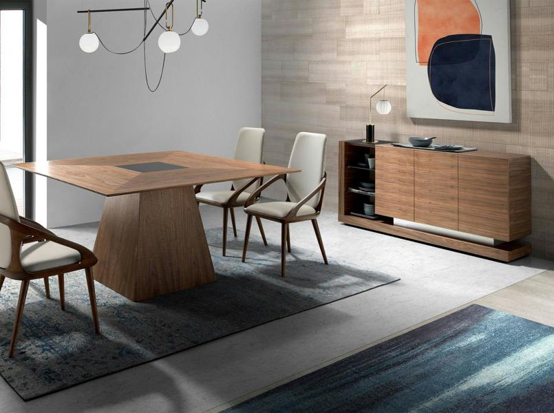 Angel Cerdá Sideboard walnut, brushed steel and black glass top 3140