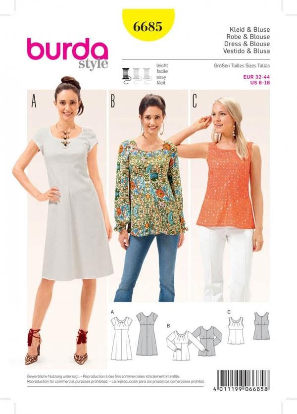 Burda Sewing Pattern 6685 Dresses and Tops For Women, 6 to 18 - Easy