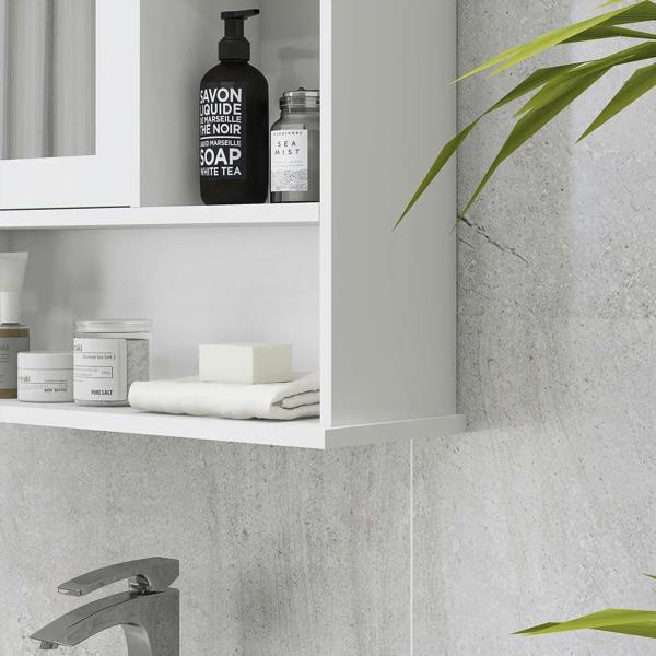 White bathroom cabinet shelf with toiletries, mirrored door, and open wall storage
