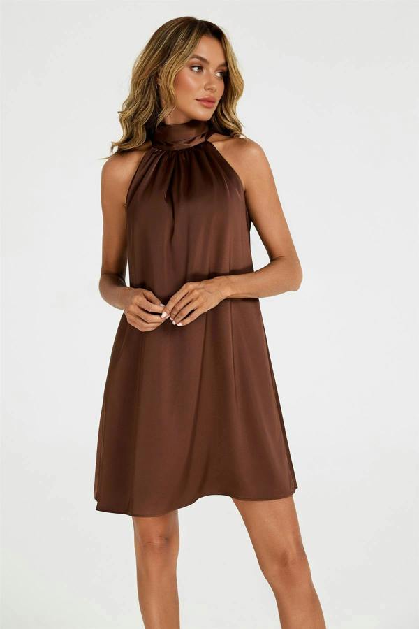 FS Collection Satin Halter Neck Tie Back Mini Dress In Brown