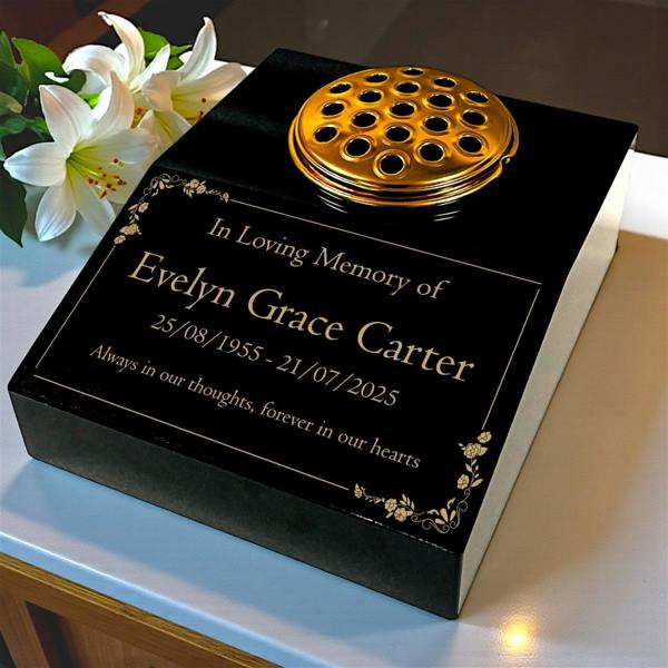 Memorials Direct Black Granite Sloping Memorial Desk with Vase – Floral Design, Free Gold Engraving
